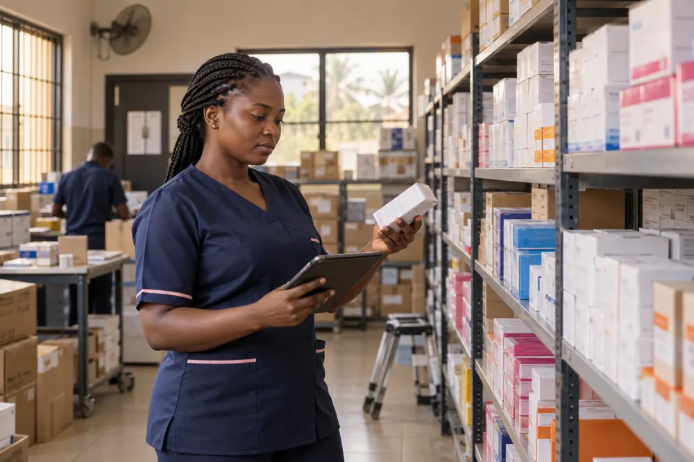 Health-product worker checking stocked products