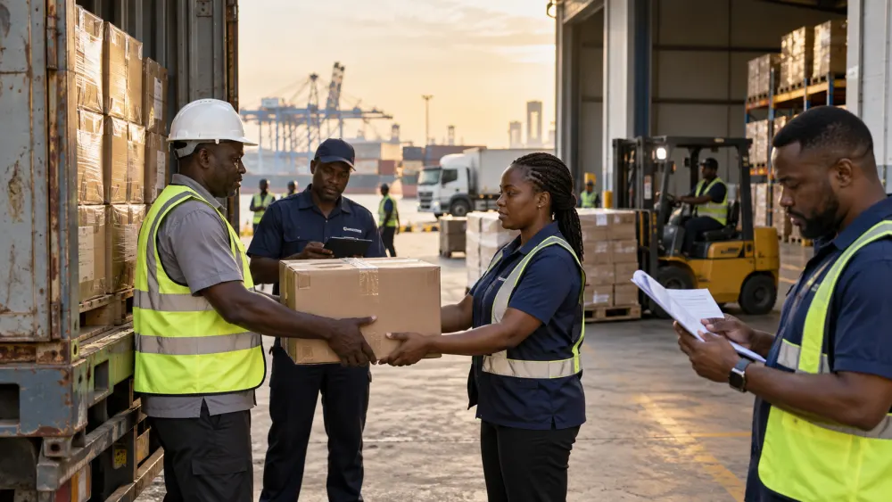Import team verifying cartons at a warehouse handoff