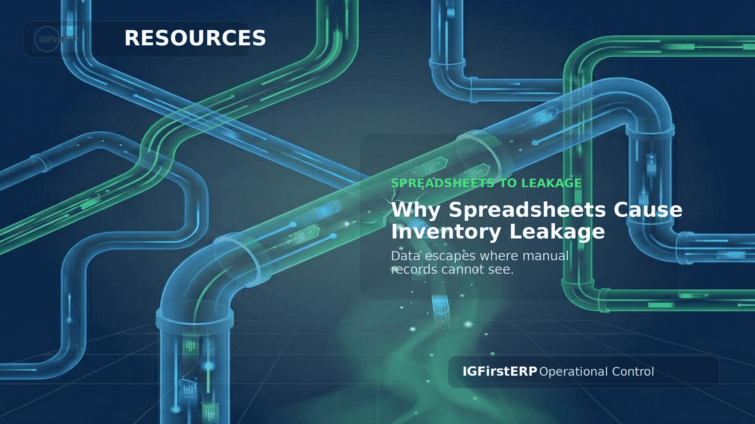 IGFirstERP digital leakage cover art showing inventory data escaping through cracked process pipes
